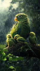 Obraz premium Parrot family taking shelter on a rainy day