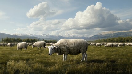 Fototapeta premium A serene landscape featuring a flock of sheep grazing in a lush green field under a cloudy sky.