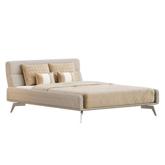 A bed with a white comforter and pillows