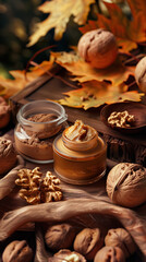 Naklejka premium Walnut Extract Surrounded by Fresh Walnuts and Autumn Leaves