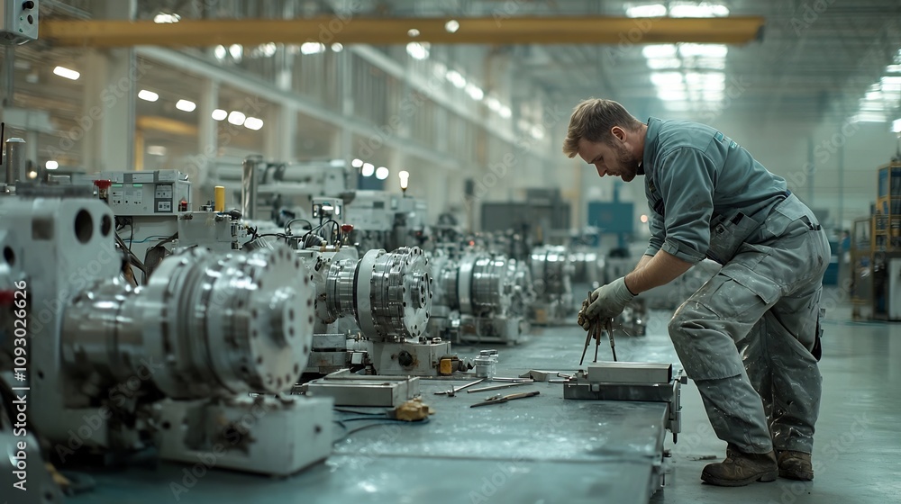Poster skilled mechanical engineer inspecting and maintaining complex industrial machinery during golden ho