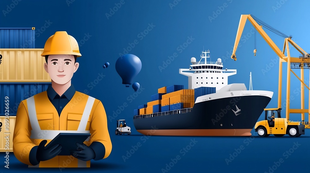 Aufkleber flat design of a bustling port scene with engineers working cargo containers cranes and ships using 