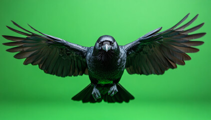 A black bird with its wings spread out in the air. The bird is looking down at the camera