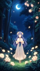 Fototapeta premium Anime enchanted night glowing flowers peaceful forest magical atmosphere