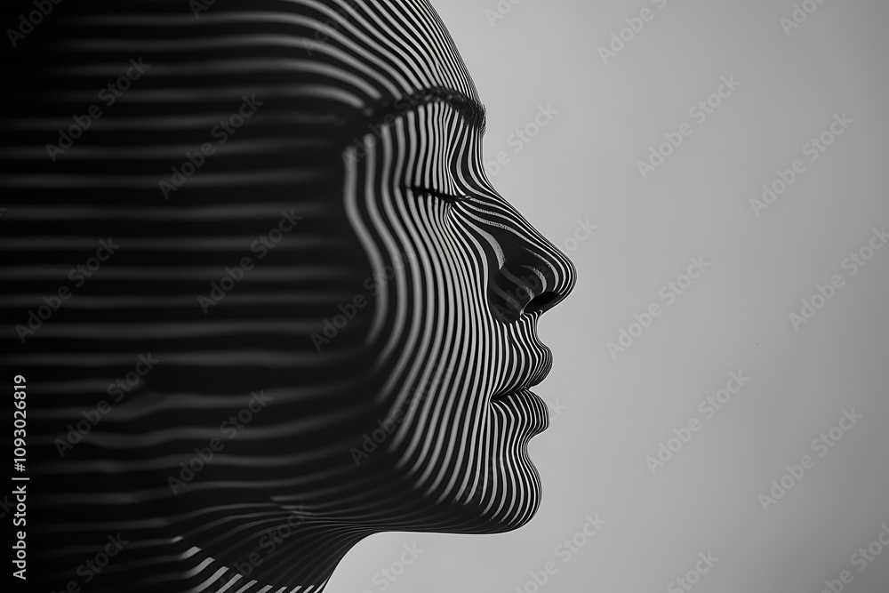 Poster a monochromatic profile silhouette filled with intricate black-and-white lines creates a striking vi