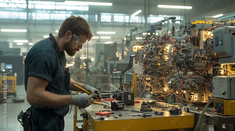 Poster focused mechanical engineer closely examining and maintaining advanced industrial machinery with pre