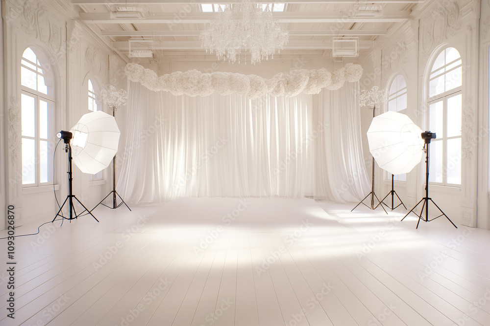 Aufkleber large bright studio features white backdrop and two softbox lights, creating an ideal space for phot