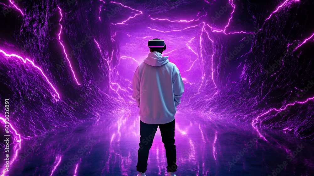 Poster man exploring futuristic 3d virtual reality environment with neon lighting