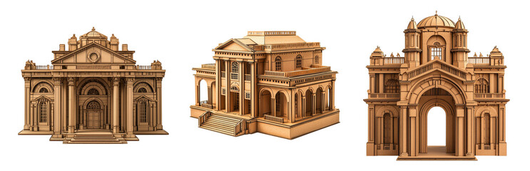 Obraz premium Architectural Models of Historical Buildings Isolated on transparent background