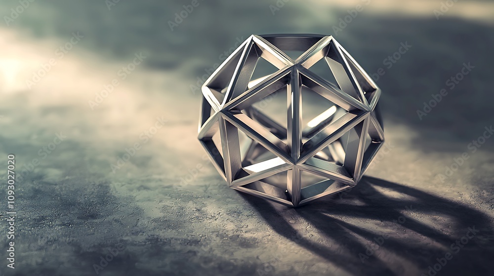 Poster a geometric metallic shape casts shadows on a textured surface, showcasing intricate design and ligh