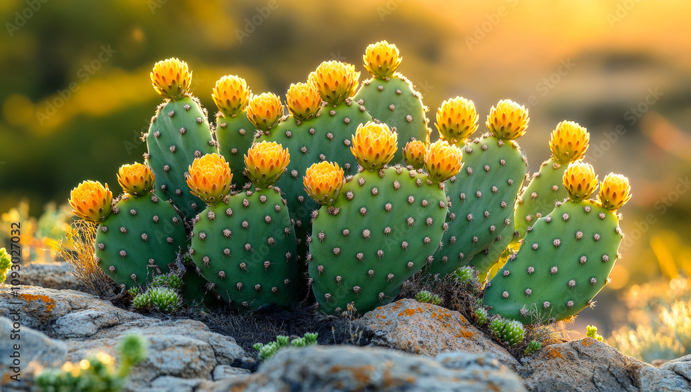 Poster a group of cacti with yellow flowers on them. the cacti are arranged in a way that they are all faci