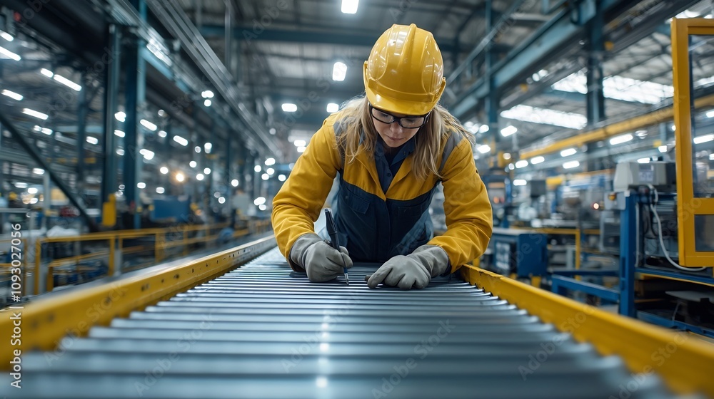 Poster skilled mechanical engineer diligently troubleshooting industrial conveyor belt malfunction with det