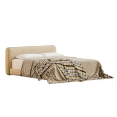 A bed with a white comforter and a plaid blanket