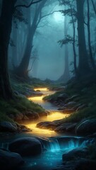Fototapeta premium Anime enchanted river glowing water misty forest mystical beauty