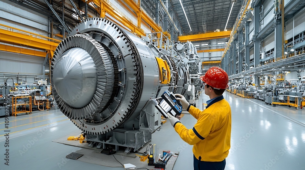 Poster mechanical engineer diagnosing an issue with a towering industrial turbine diagnostic equipment in h