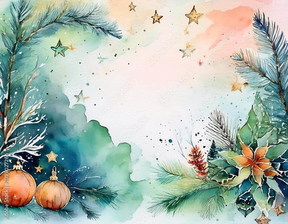 Wall mural A festive Christmas scene with pine branches, ornaments, and stars painted in watercolor