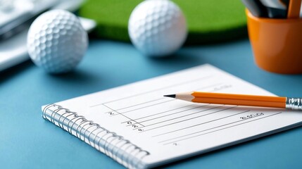 Flat design of a golf scorecard and pencil featuring simple icons representing the golf course and holes  This image is ideal for use in instructional educational