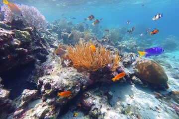 Naklejka premium Vibrant coral reef teeming with colorful fish in crystal clear ocean waters