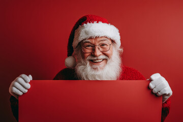 A cheerful santa claus holding a blank sign for festive promotional message