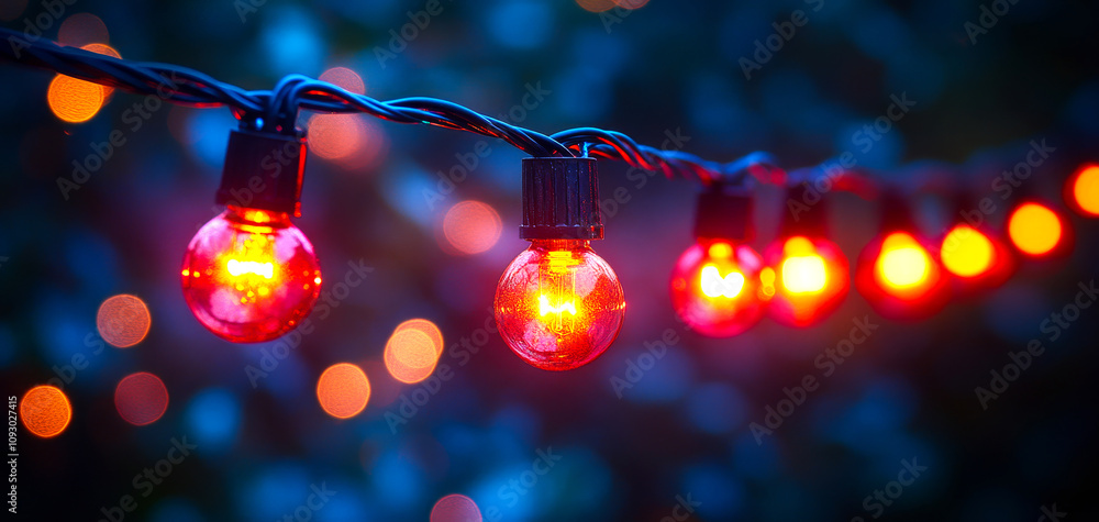 Poster a string of red and orange lights hanging from a tree. the lights are lit up and create a warm, fest