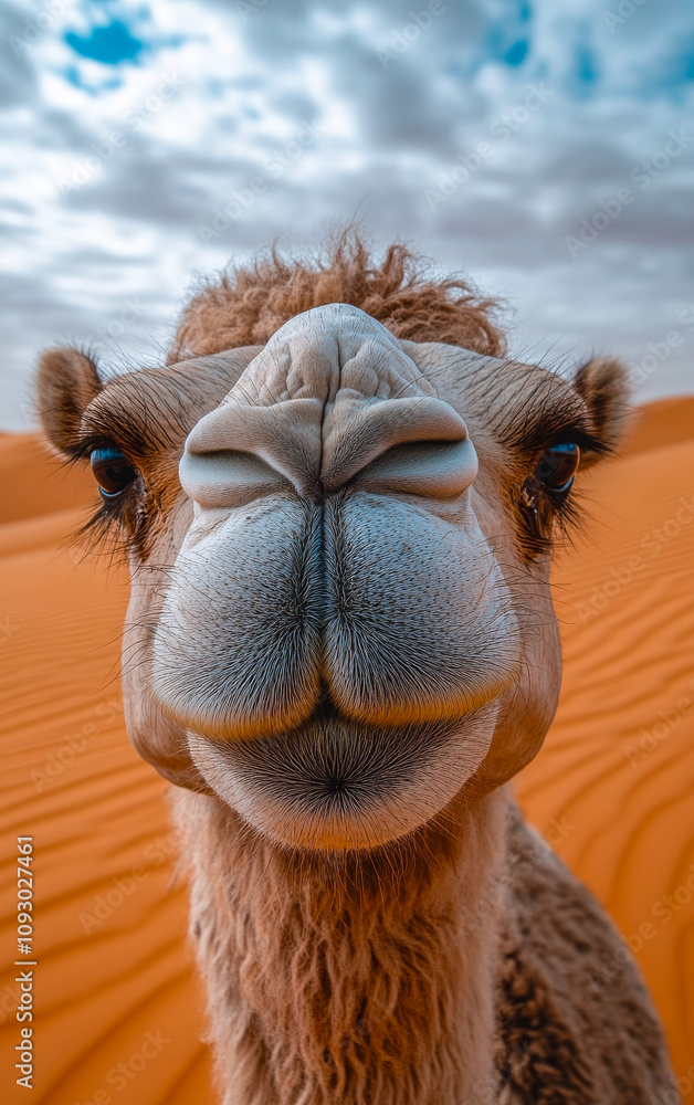 Poster a camel with a white nose is looking at the camera. the image has a warm and inviting mood, as the c