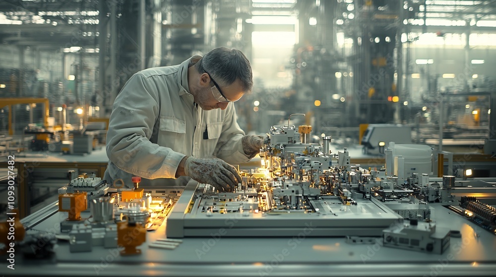 Poster Skilled hands of a seasoned mechanical engineer navigating the intricate inner workings and complex mechanics of a high speed industrial production line amidst warm golden hour lighting and a rich