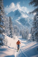 Skiing through a snow covered valley beneath majestic mountain peaks during daylight