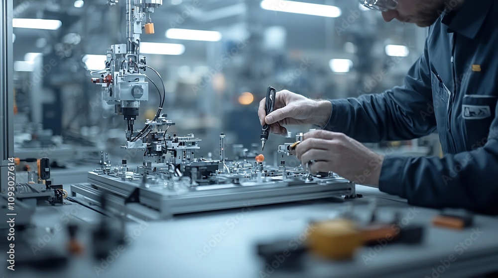 Poster Intense close up showcasing the skilled dexterity of a mechanical engineer s hands as they troubleshoot and repair a malfunctioning machine on a bustling production line