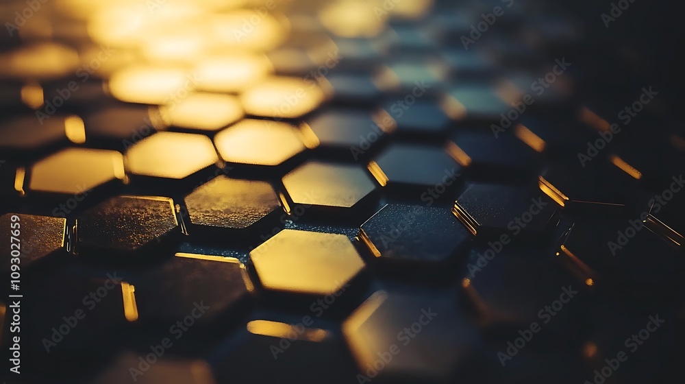 Poster a close-up view of hexagonal patterns reflecting warm light, creating an abstract and textured surfa