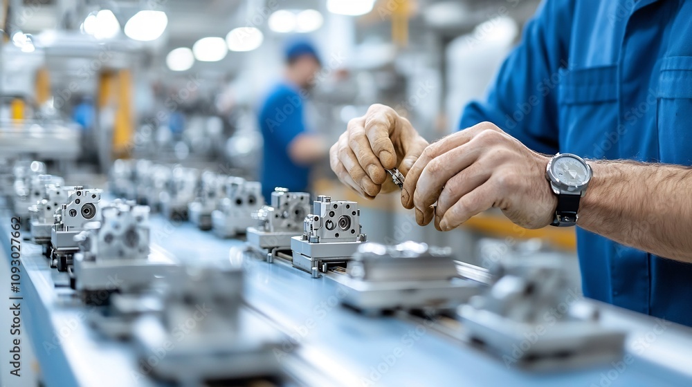 Poster Detailed examination of a mechanical engineer s calloused hands as they meticulously service and maintain the various mechanisms of a high speed assembly line featuring warm ambient lighting