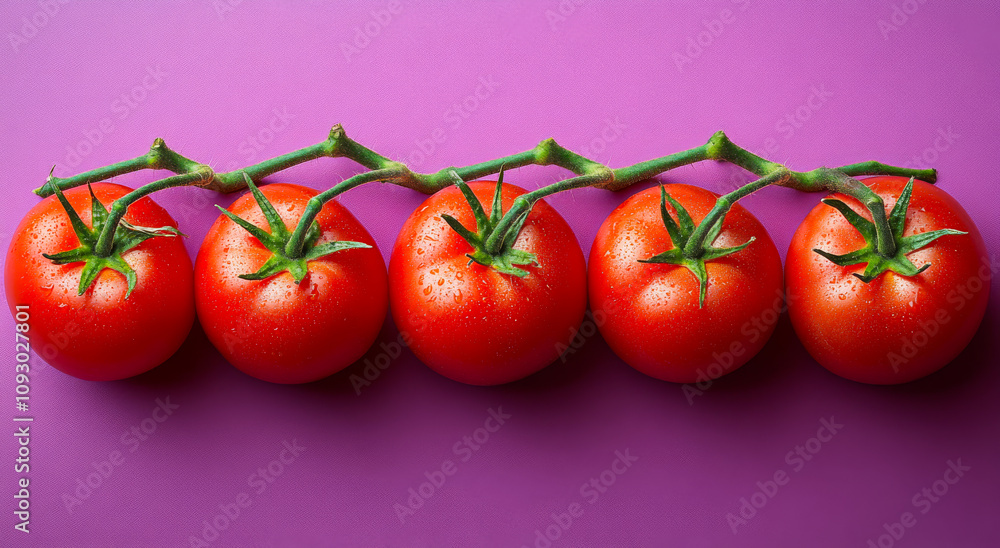 Poster a row of five red tomatoes are lined up on a purple background. the tomatoes are all different sizes