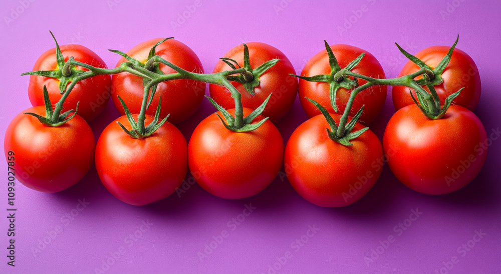 Poster a row of red tomatoes are lined up on a purple background. the tomatoes are all different sizes and 