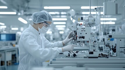 Experienced Mechanical Engineer s Skilled Hands Carefully Navigating the Intricacies of Complex Machinery on a Bustling Production Line with Soft Natural Lighting and Muted Tones