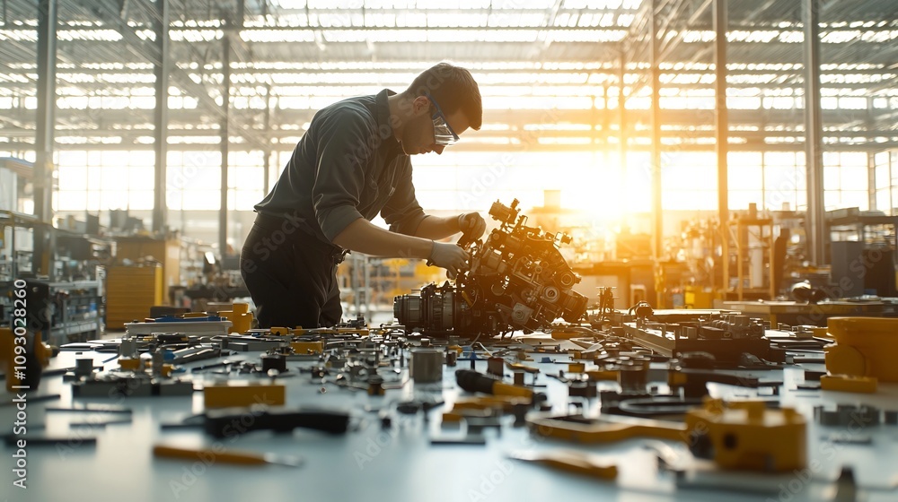 Aufkleber silhouetted figure of a focused mechanical engineer intently working on repairing an engine