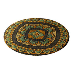 A colorful rug with a pattern of squares and triangles