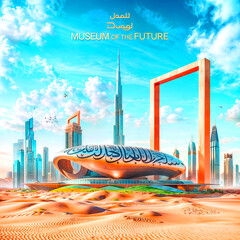 Dubai city on hand 3d concept background. amazing city on hand at sunrise, United Arab Emirates.
