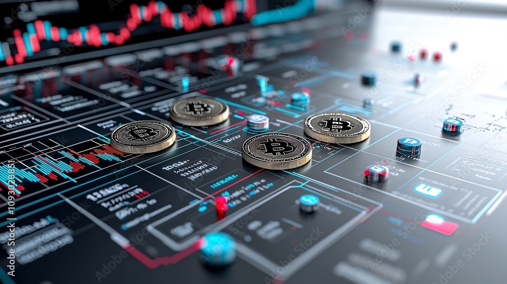 Leinwandbilder Captivating Bitcoin Cryptocurrency Data Visualization with Dramatic Lighting and Sleek Digital Art Style  Dynamic 3D charts graphs and data lines casting hard shadows for a futuristic