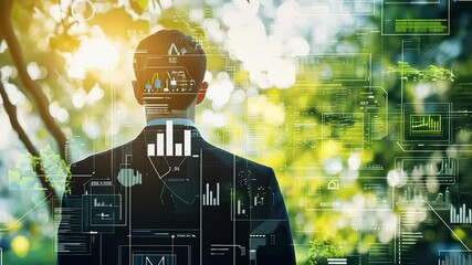 Sustainable Future: A businessman stands in a lush forest, his back to the viewer, looking towards a bright future. Overlaid with digital data and graphs. - Powered by Adobe
