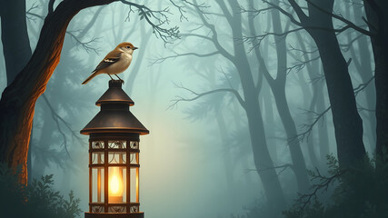 A small bird perched on a rustic lantern in a foggy forest illustration. Generative AI