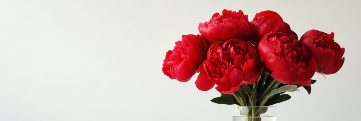 Obraz premium Vibrant red peonies arranged in a clear glass vase on a simple background