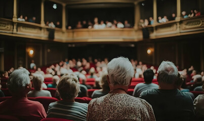 Audience members attentively watching a performance from the rear in a grand old theatre.