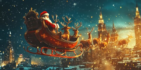 Santa Claus riding his sleigh with reindeer flying over a cityscape, sparkling lights below