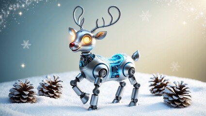 A whimsical robot reindeer standing in a snowy winter wonderland, its shimmering metallic body adorned with intricate circuits and glowing blue accents