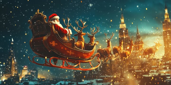 Santa Claus riding his sleigh with reindeer flying over a cityscape, sparkling lights below