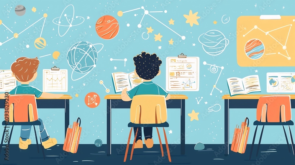 Poster flat design of a student sitting at a desk in a classroom surrounded by planets stars and constellat