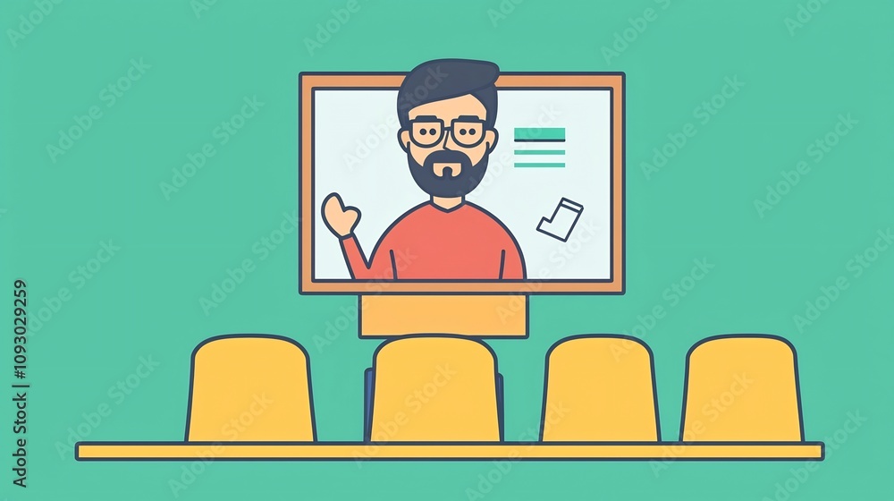 Poster flat design of a teacher or professor presenting an online class or virtual lesson with a digital sc