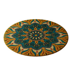A blue and yellow rug with a flower design