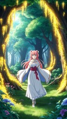 Fototapeta premium Anime magical forest glowing trees vibrant plants enchanted atmosphere