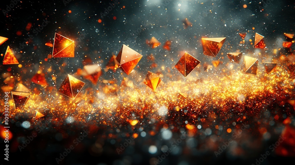 Poster dynamic abstract background featuring golden pyramids and shimmering particles creating a mesmerizin