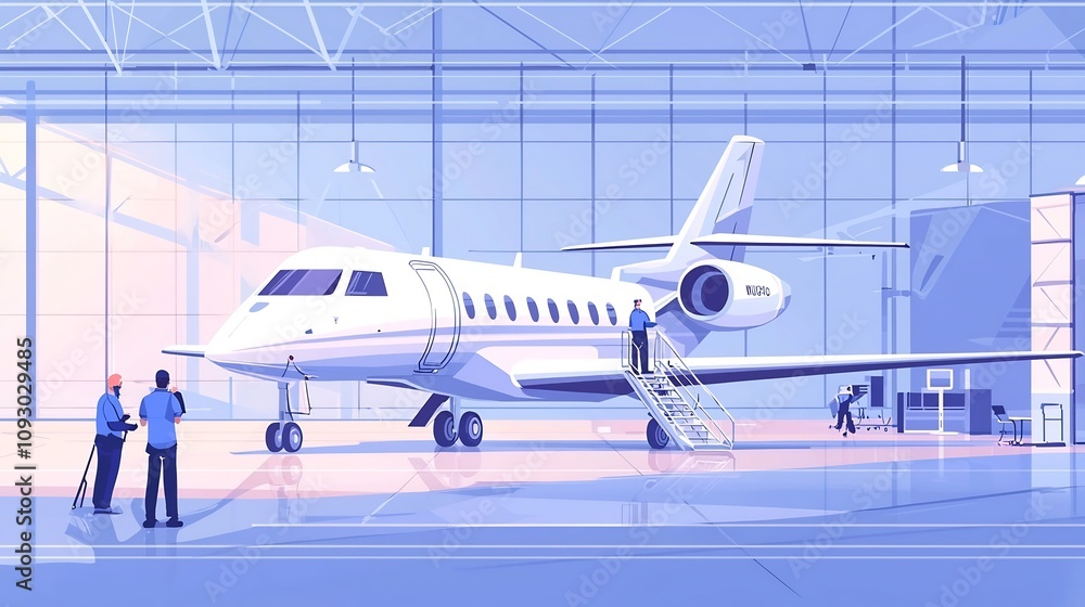 Aufkleber flat design of an airplane hangar interior with technicians inspecting and maintaining an aircraft u